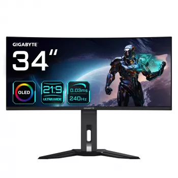 GIGABYTE MO34WQC2 34 colių OLED WQHD lenktas žaidimų monitorius - 3440 x 1440, 240Hz, 0.03ms, KVM, 250 cd/m², FreeSync Premium Pro, DisplayHDR True Black 400, HDMI 2.1, Displayport 1.4