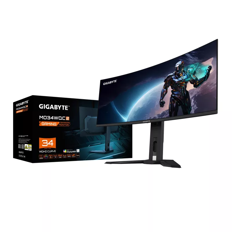 GIGABYTE MO34WQC2 34 colių OLED WQHD lenktas žaidimų monitorius - 3440 x 1440, 240Hz, 0.03ms, KVM, 250 cd/m², FreeSync Premium Pro, DisplayHDR True Black 400, HDMI 2.1, Displayport 1.4