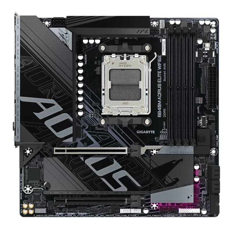 GIGABYTE B840M AORUS ELITE WIFI6E Motininė plokštė - AMD Ryzen 9000 procesoriams, 10+2+2 fazių VRM, iki 8200MHz DDR5(O.C), 2xPCIe 4.0 M.2, Wi-Fi 6E, 2.5GbE LAN, USB 3.2 Gen 2