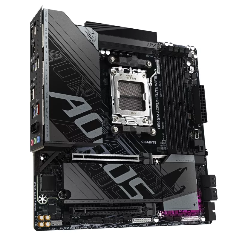 GIGABYTE B840M AORUS ELITE WIFI6E Motininė plokštė - AMD Ryzen 9000 procesoriams, 10+2+2 fazių VRM, iki 8200MHz DDR5(O.C), 2xPCIe 4.0 M.2, Wi-Fi 6E, 2.5GbE LAN, USB 3.2 Gen 2