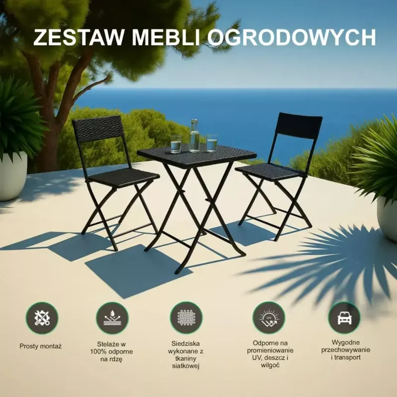 Sodo baldų komplektas Extralink L-0201P — 2 kėdės ir juodas stalas