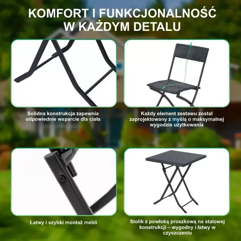 Sodo baldų komplektas Extralink L-0201P — 2 kėdės ir juodas stalas