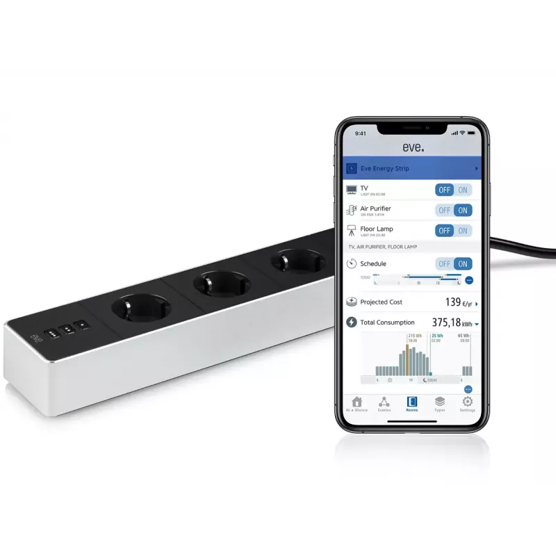 Maitinimo lizdų blokas Eve Energy Strip juoda balta 3 kintamosios srovės lizdai 120–230 V 1,9 m
