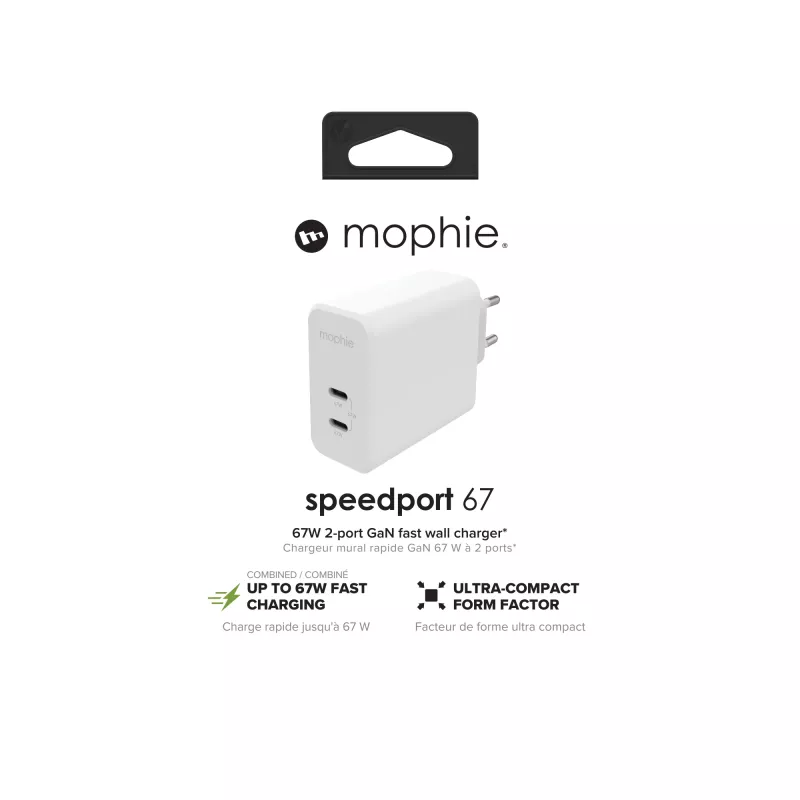 mophie Accessories-Wall Adapter-USB-C-PD-DUAL-67W-GAN-Baltas-EU (2xUSBC)