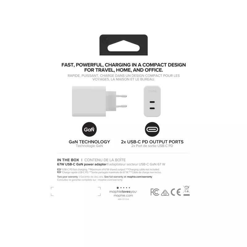 mophie Accessories-Wall Adapter-USB-C-PD-DUAL-67W-GAN-Baltas-EU (2xUSBC)
