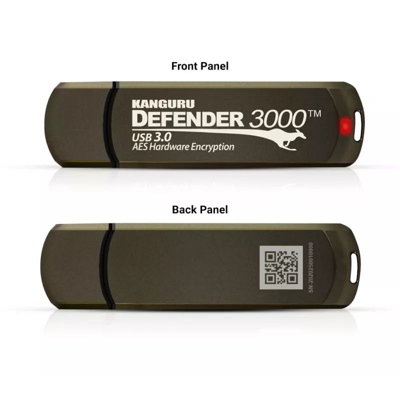 Kanguru Defender 3000™ SuperSpeed USB 3.0 | saugus atmintukas | laukiama FIPS 140-3 3 lygio, FIPS 140-2 3 lygio sertifikatas | AES-XTS 256 bitų aparatinė įranga šifravimas | TAA atitinkantis |