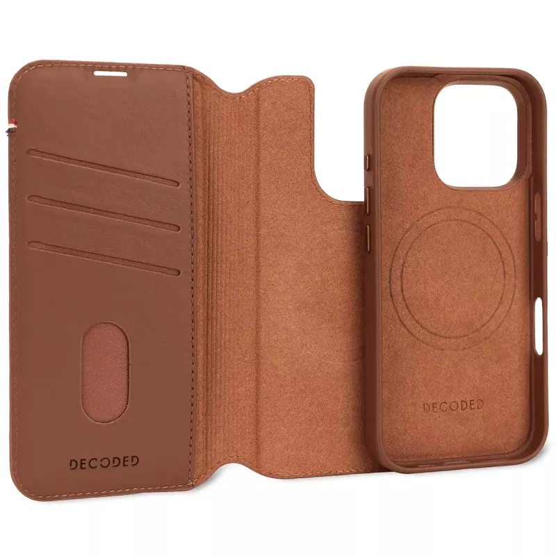 Decoded odinis nuimamas piniginės dėklas telefonui iPhone 16 Pro — rudas, natūrali oda, mikropluoštas, 6,3 colio ekranas, 3 kortelių kišenės