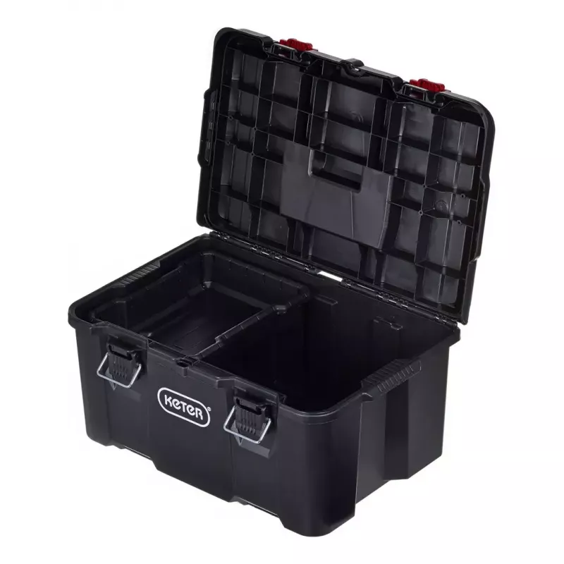 Sukraunami sandėliavimo dėžės Keter 250927 — 3 sukraunamų technopolimero organizatorių rinkinys su ratukais ir užraktu, 525×694×411 mm, juodos