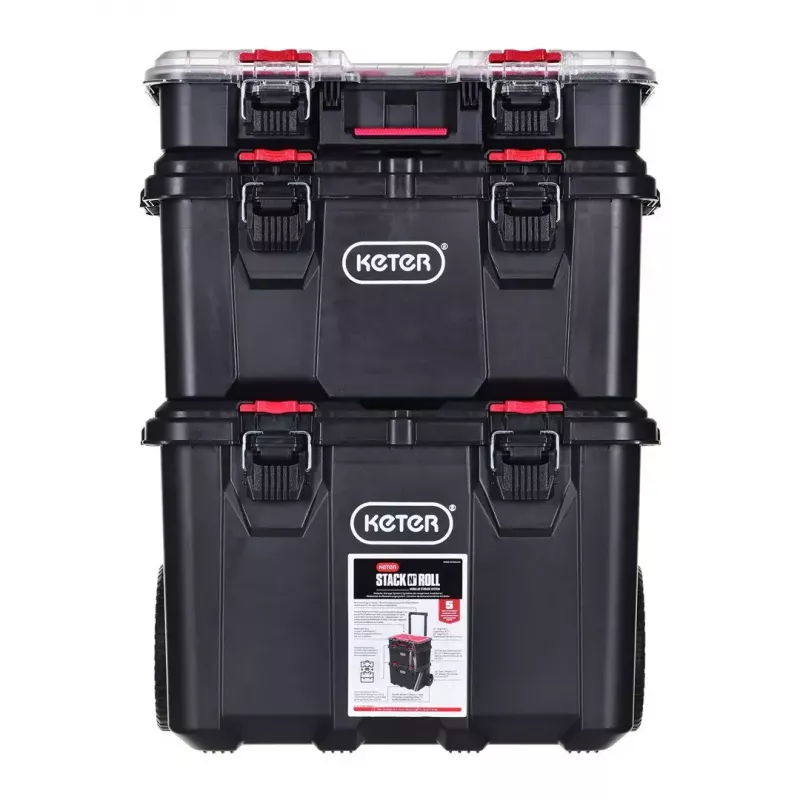 Sukraunami sandėliavimo dėžės Keter 250927 — 3 sukraunamų technopolimero organizatorių rinkinys su ratukais ir užraktu, 525×694×411 mm, juodos