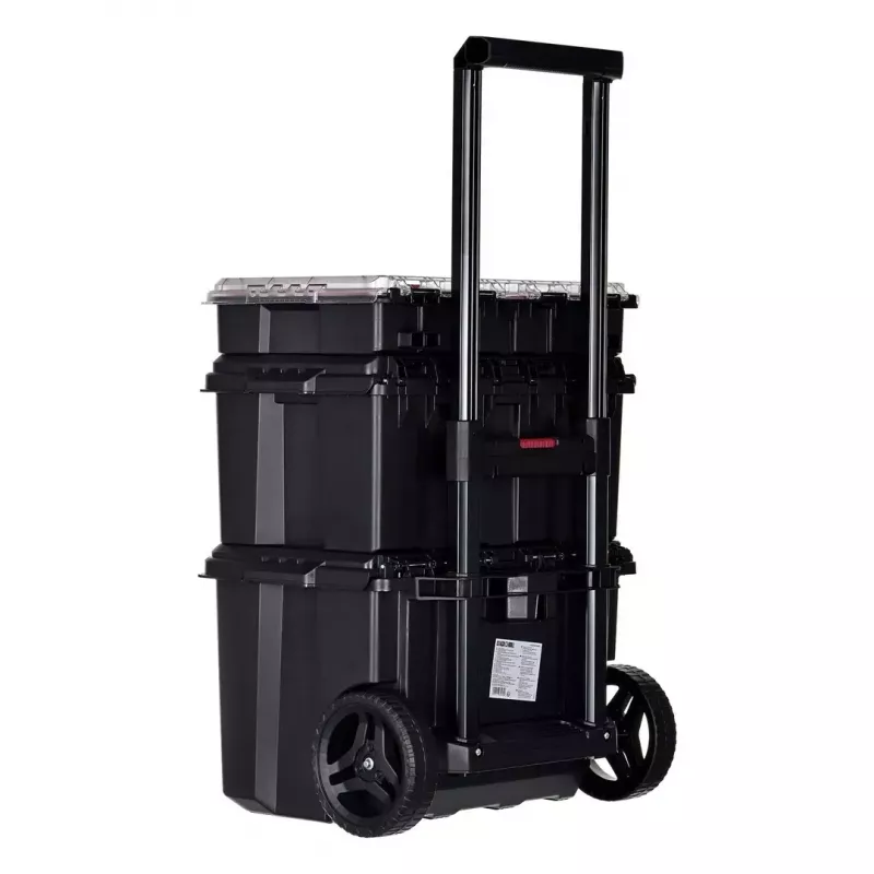 Sukraunami sandėliavimo dėžės Keter 250927 — 3 sukraunamų technopolimero organizatorių rinkinys su ratukais ir užraktu, 525×694×411 mm, juodos