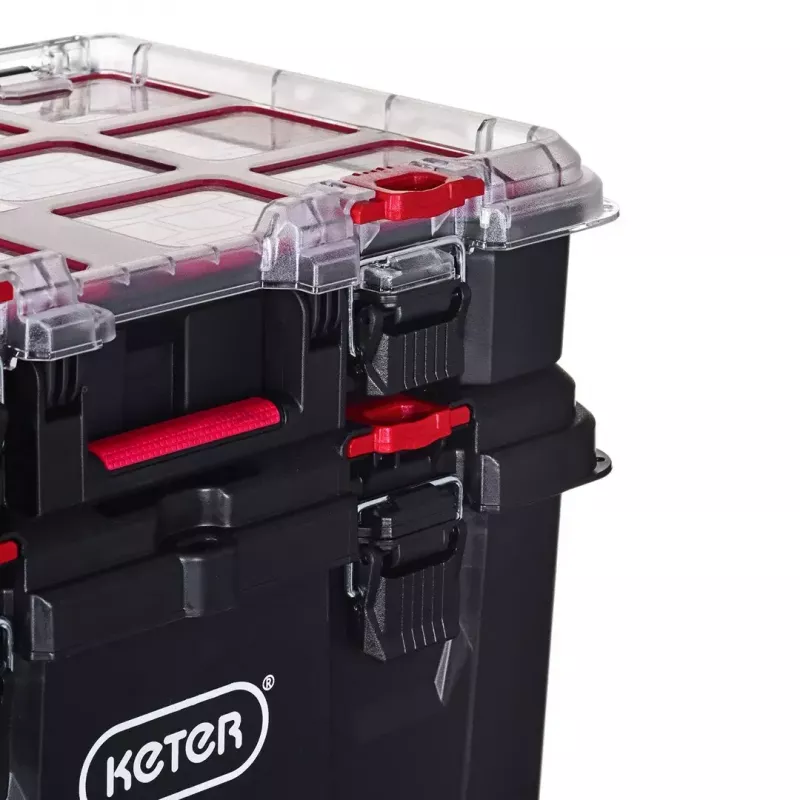 Sukraunami sandėliavimo dėžės Keter 250927 — 3 sukraunamų technopolimero organizatorių rinkinys su ratukais ir užraktu, 525×694×411 mm, juodos