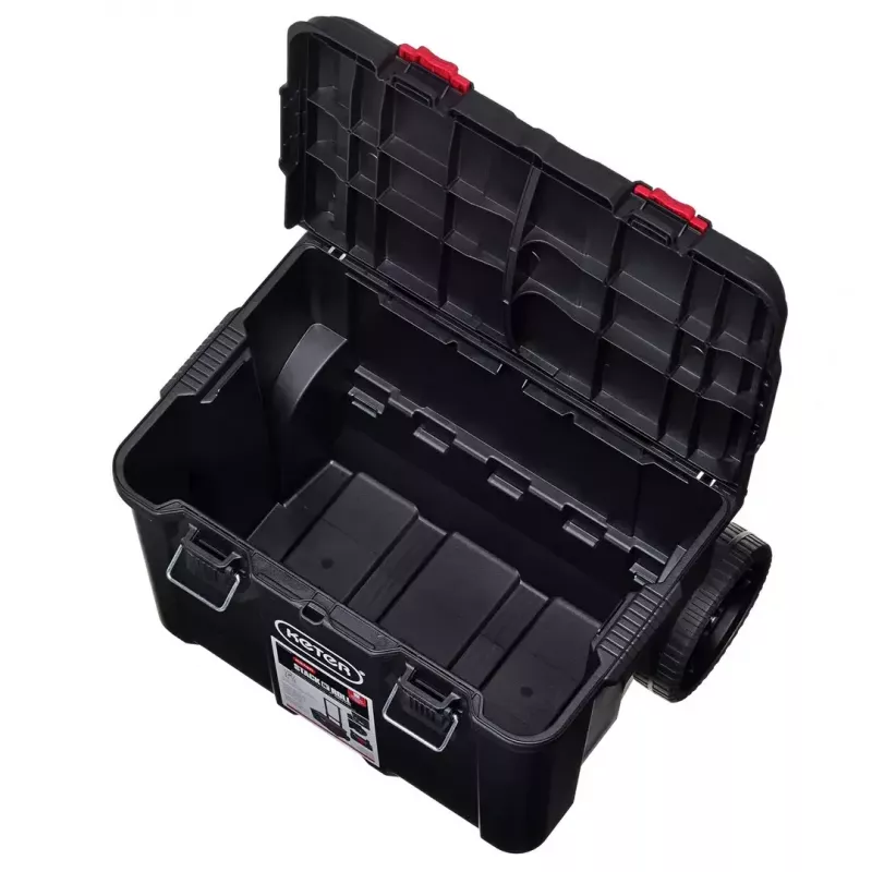 Sukraunami sandėliavimo dėžės Keter 250927 — 3 sukraunamų technopolimero organizatorių rinkinys su ratukais ir užraktu, 525×694×411 mm, juodos