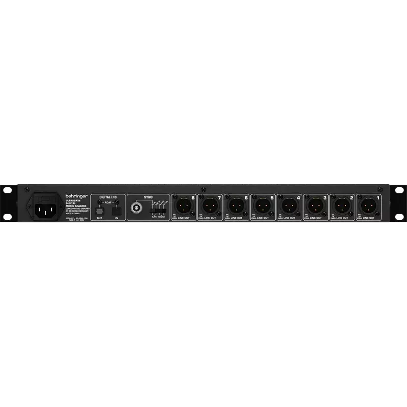 Behringer ULTRAGAIN DIGITAL ADA8200 8 kanalų AD/DA keitiklis, 24 bitų/48 kHz, XLR įėjimai/išėjimai, montuojamas į stovą