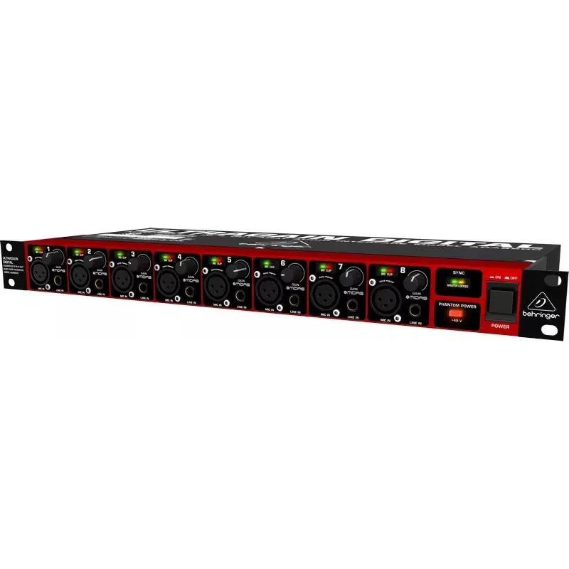 Behringer ULTRAGAIN DIGITAL ADA8200 8 kanalų AD/DA keitiklis, 24 bitų/48 kHz, XLR įėjimai/išėjimai, montuojamas į stovą