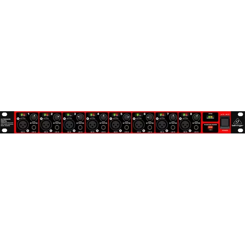 Behringer ULTRAGAIN DIGITAL ADA8200 8 kanalų AD/DA keitiklis, 24 bitų/48 kHz, XLR įėjimai/išėjimai, montuojamas į stovą