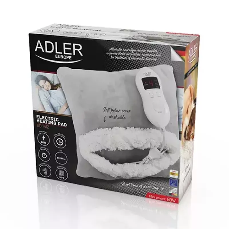 Elektrinė antklodė Adler AD 7412 — vienam asmeniui skirta vilnonė antklodė, 80 W, 8 šildymo lygiai, skalbianti, laikmatis, pilka