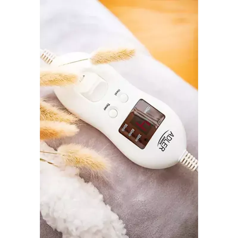 Elektrinė antklodė Adler AD 7412 — vienam asmeniui skirta vilnonė antklodė, 80 W, 8 šildymo lygiai, skalbianti, laikmatis, pilka