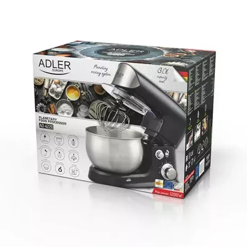 Virtuvinis kombainas Adler AD 4226b — 700 W (maks. 1200 W), 3 l nerūdijančio plieno dubuo, 6 greičiai, planetinė sukimosi sistema
