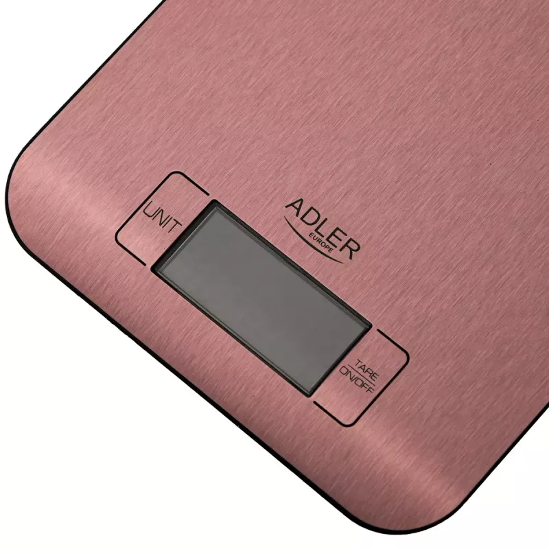 Elektroninės virtuvės svarstyklės Adler AD 3183 — 5 kg talpa, 1 g tikslumas, nerūdijančio plieno svėrimo paviršius, vario spalva