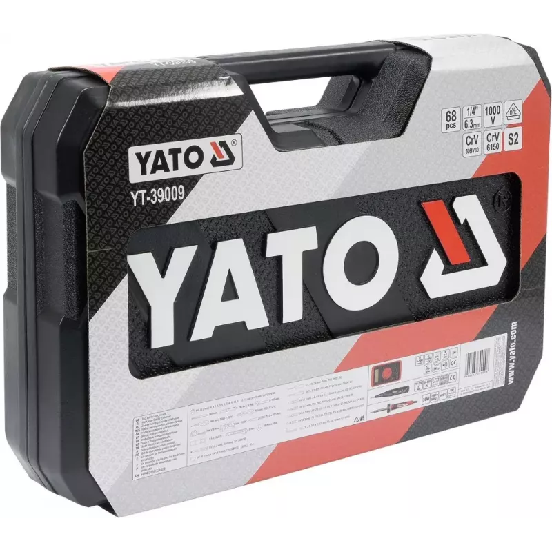 Mechanikos įrankių rinkinys Yato YT-39009 — 68 dalių komplektas, 1/4 colio pavara, juodas dėklas