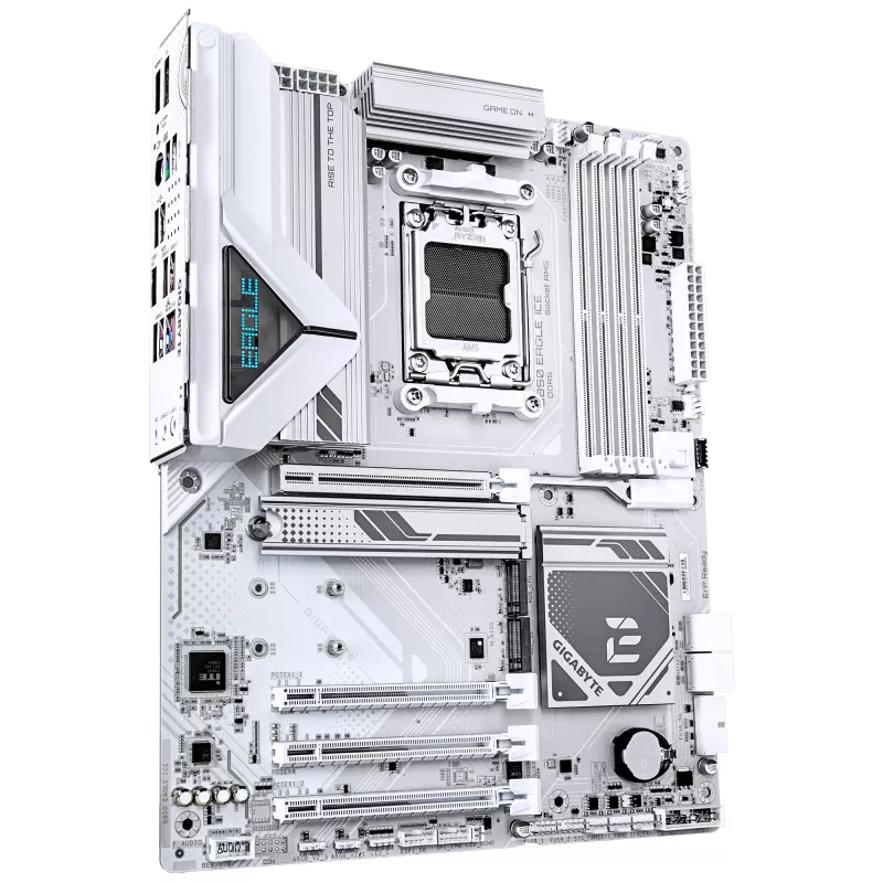 GIGABYTE B850 EAGLE ICE pagrindinė plokštė – AMD Ryzen 9000 serijos procesoriams, 8+2+2 fazių skaitmeninis VRM, iki 8200MHz DDR5 (O.C), 1xPCIe 5.0 + 2xPCIe 4.0 M.2, 2.5 GbE LAN, USB 3.2 Gen 2