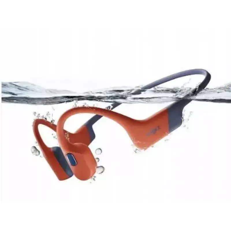 Kaulinio laidumo ausinės Shokz OpenSwim Pro — binaurinės, IP68 atsparios vandeniui, Bluetooth 5.2, iki 9 val. veikimo, ausų kabliukai, raudonos