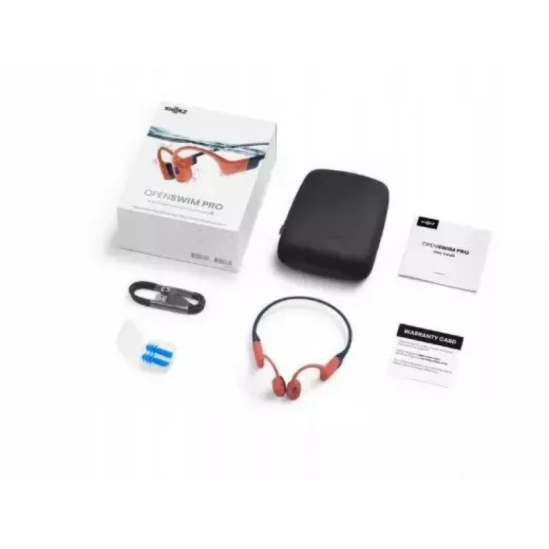 Kaulinio laidumo ausinės Shokz OpenSwim Pro — binaurinės, IP68 atsparios vandeniui, Bluetooth 5.2, iki 9 val. veikimo, ausų kabliukai, raudonos