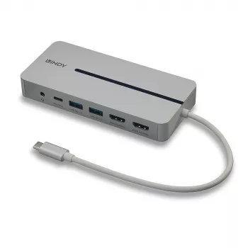 Lindy DST-Mx Duo USB-C nešiojamojo kompiuterio / MacBook mini prijungimo stotelė su dviejų ekranų (4K) palaikymu ir 100 W pralaidiniu įkrovimu