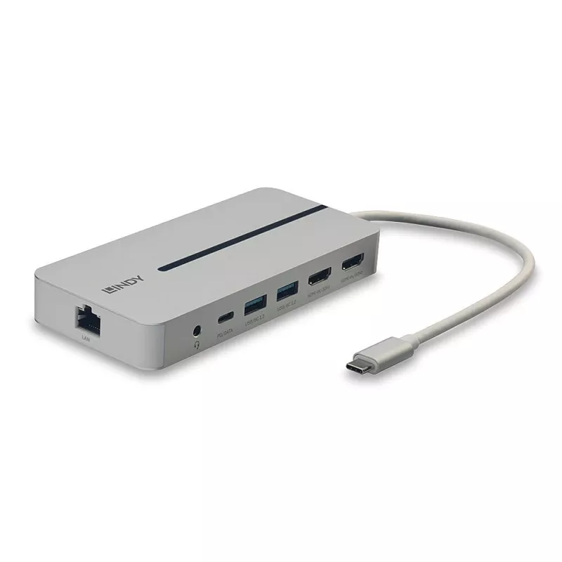 Lindy DST-Mx Duo USB-C nešiojamojo kompiuterio / MacBook mini prijungimo stotelė su dviejų ekranų (4K) palaikymu ir 100 W pralaidiniu įkrovimu