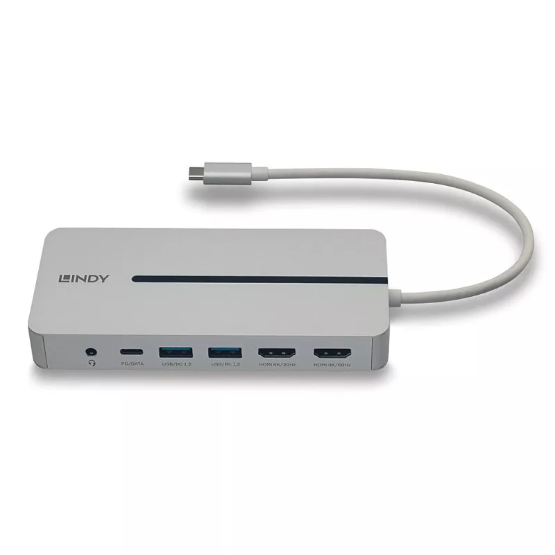 Lindy DST-Mx Duo USB-C nešiojamojo kompiuterio / MacBook mini prijungimo stotelė su dviejų ekranų (4K) palaikymu ir 100 W pralaidiniu įkrovimu