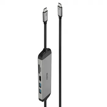 Lindy DST-Micro 140, USB-C nešiojamojo kompiuterio mikro prijungimo stotelė su 4K palaikymu ir 1,4 m 60 W įkrovimo kabeliu