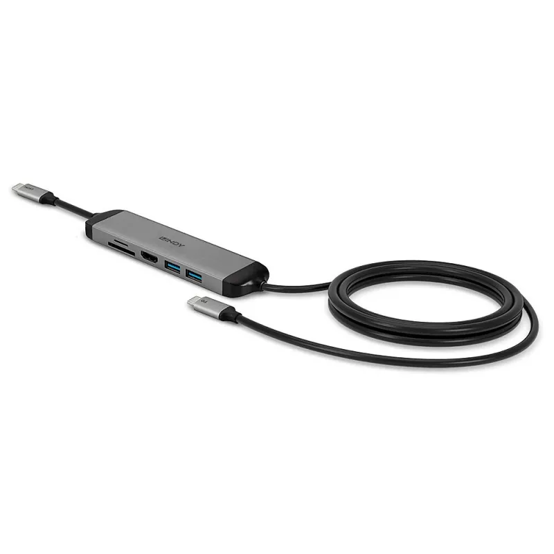Lindy DST-Micro 140, USB-C nešiojamojo kompiuterio mikro prijungimo stotelė su 4K palaikymu ir 1,4 m 60 W įkrovimo kabeliu