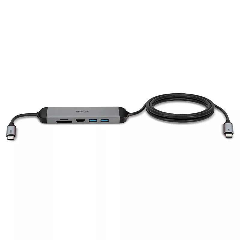Lindy DST-Micro 140, USB-C nešiojamojo kompiuterio mikro prijungimo stotelė su 4K palaikymu ir 1,4 m 60 W įkrovimo kabeliu
