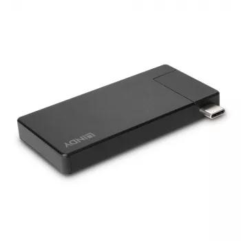 Lindy DST-Micro, USB-C nešiojamojo kompiuterio mikro prijungimo stotelė su 4K palaikymu ir 100 W pralaidiniu įkrovimu