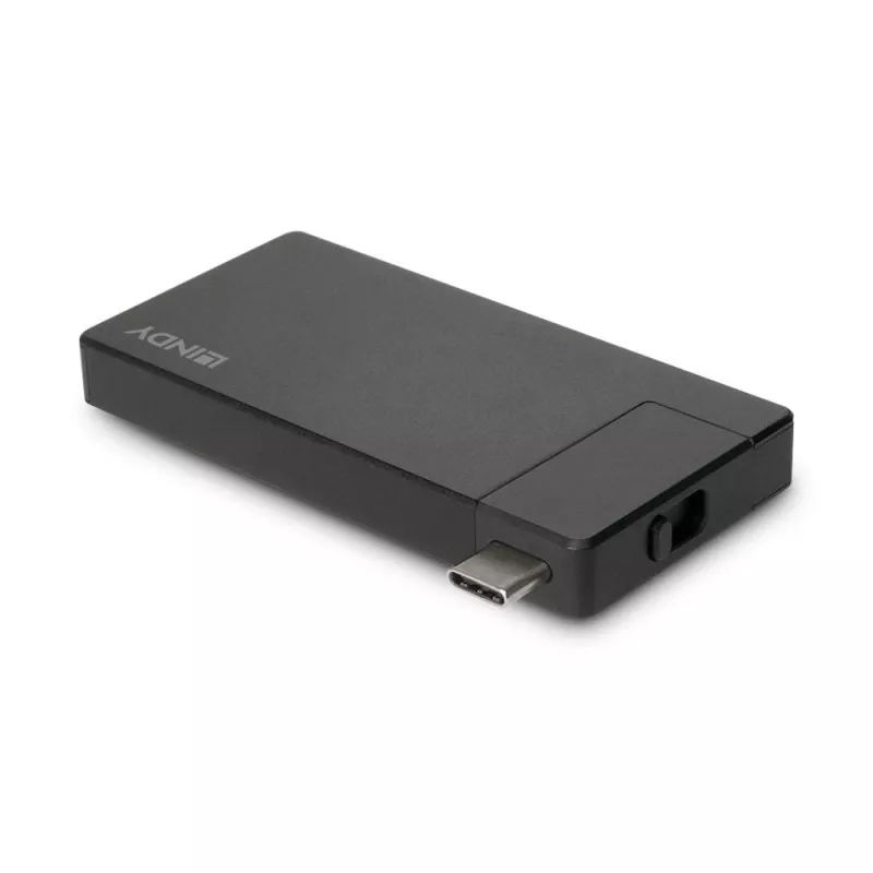 Lindy DST-Micro, USB-C nešiojamojo kompiuterio mikro prijungimo stotelė su 4K palaikymu ir 100 W pralaidiniu įkrovimu