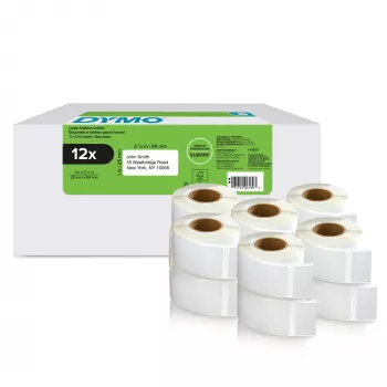 DYMO Autentiškos LabelWriter grąžinimo adreso etiketės | 25 mm x 54 mm | Lipnios | 12 rulonų po 500 lengvai nulupamų etikečių (6 000 vnt.) | Skirtos LabelWriter etikečių spausdintuvams | Pagaminta Europoje