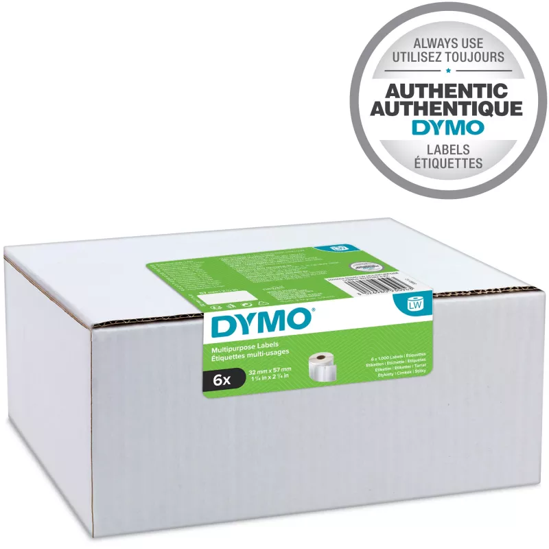 DYMO Authentic LabelWriter daugiafunkciai etikečių lipdukai 32 mm x 57 mm 6 ritinėliai po 1 000 lengvai nulupamų etikečių (6 000 vnt.) Saviklijuojamos LabelWriter etikečių spausdintuvams