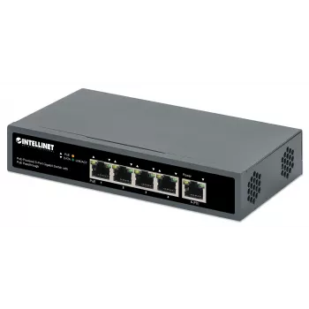 Intellinet 5 prievadų gigabitinis komutatorius su PoE perdavimu, vienas IEEE 802.3bt (PoE++ / 4PPoE) PD PoE prievadas su 95 W galios įvestimi, keturi PSE PoE prievadai, PoE galios biudžetas iki 65 W, IEEE 802.3at/af atitinkantis išėjimas, stalinis, su galimybe tvirtinti prie sienos
