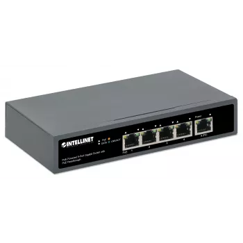 Intellinet 5 prievadų gigabitinis komutatorius su PoE perdavimu, vienas IEEE 802.3bt (PoE++ / 4PPoE) PD PoE prievadas su 95 W galios įvestimi, keturi PSE PoE prievadai, PoE galios biudžetas iki 65 W, IEEE 802.3at/af atitinkantis išėjimas, stalinis, su galimybe tvirtinti prie sienos