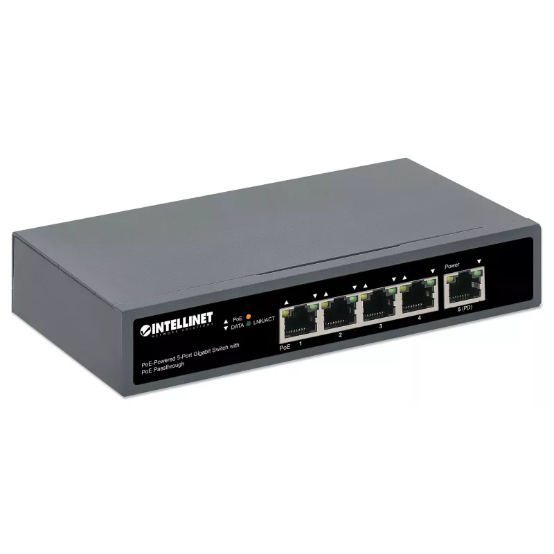 Intellinet 5 prievadų gigabitinis komutatorius su PoE perdavimu, vienas IEEE 802.3bt (PoE++ / 4PPoE) PD PoE prievadas su 95 W galios įvestimi, keturi PSE PoE prievadai, PoE galios biudžetas iki 65 W, IEEE 802.3at/af atitinkantis išėjimas, stalinis, su galimybe tvirtinti prie sienos