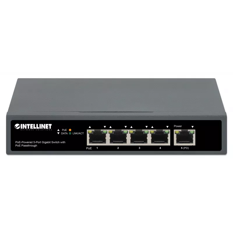 Intellinet 5 prievadų gigabitinis komutatorius su PoE perdavimu, vienas IEEE 802.3bt (PoE++ / 4PPoE) PD PoE prievadas su 95 W galios įvestimi, keturi PSE PoE prievadai, PoE galios biudžetas iki 65 W, IEEE 802.3at/af atitinkantis išėjimas, stalinis, su galimybe tvirtinti prie sienos