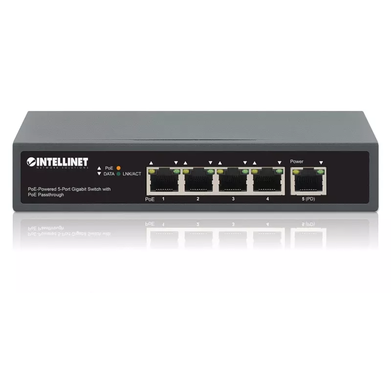 Intellinet 5 prievadų gigabitinis komutatorius su PoE perdavimu, vienas IEEE 802.3bt (PoE++ / 4PPoE) PD PoE prievadas su 95 W galios įvestimi, keturi PSE PoE prievadai, PoE galios biudžetas iki 65 W, IEEE 802.3at/af atitinkantis išėjimas, stalinis, su galimybe tvirtinti prie sienos