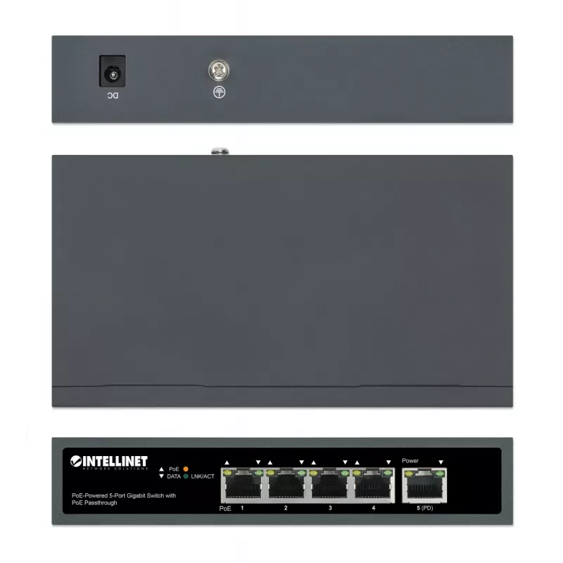 Intellinet 5 prievadų gigabitinis komutatorius su PoE perdavimu, vienas IEEE 802.3bt (PoE++ / 4PPoE) PD PoE prievadas su 95 W galios įvestimi, keturi PSE PoE prievadai, PoE galios biudžetas iki 65 W, IEEE 802.3at/af atitinkantis išėjimas, stalinis, su galimybe tvirtinti prie sienos