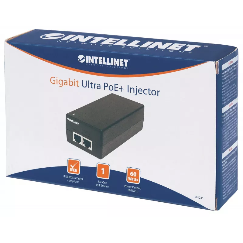 Intellinet Gigabit Ultra PoE+ Injectorius, 1 x 60 W prievadas, atitinka IEEE 802.3bt ir IEEE 802.3at/af, plastikinis korpusas