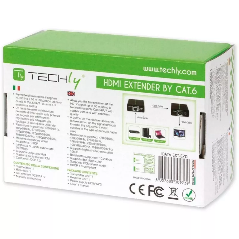 AV siųstuvas ir imtuvas TECHLY IDATA EXT-E70 — HDMI ilgintuvas per Cat6/6a/7 kabelį, Full HD 1920x1080, 60 m, 10,2 Gbit/s, HDCP, juodas