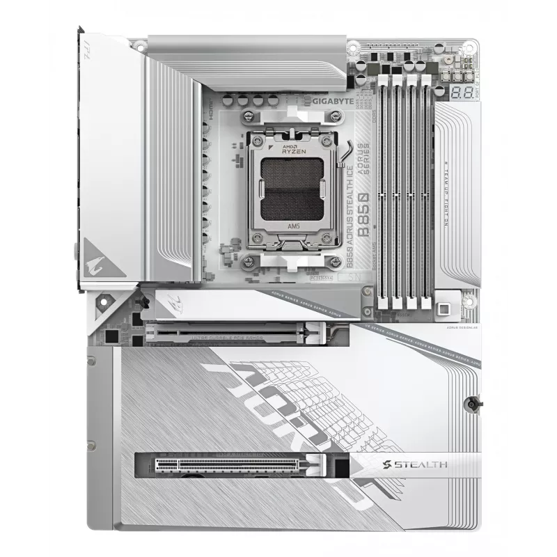 GIGABYTE B850 AORUS STEALTH ICE ATX pagrindinė plokštė, skirta AMD Socket AM5 — B850, 14+2+2 VRM, DDR5 iki 8200MHz (OC), 2×PCIe5, 2×PCIe4 M.2, Wi‑Fi 7, 5GbE