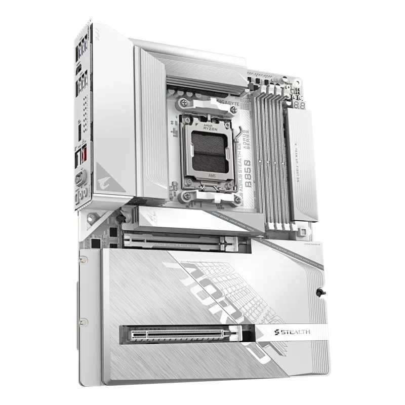 GIGABYTE B850 AORUS STEALTH ICE ATX pagrindinė plokštė, skirta AMD Socket AM5 — B850, 14+2+2 VRM, DDR5 iki 8200MHz (OC), 2×PCIe5, 2×PCIe4 M.2, Wi‑Fi 7, 5GbE