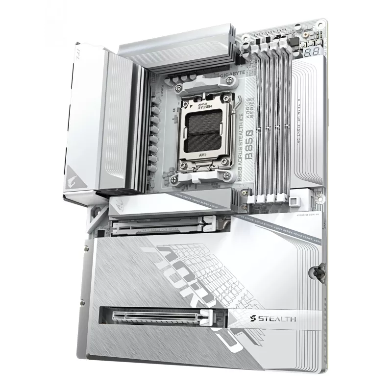 GIGABYTE B850 AORUS STEALTH ICE ATX pagrindinė plokštė, skirta AMD Socket AM5 — B850, 14+2+2 VRM, DDR5 iki 8200MHz (OC), 2×PCIe5, 2×PCIe4 M.2, Wi‑Fi 7, 5GbE