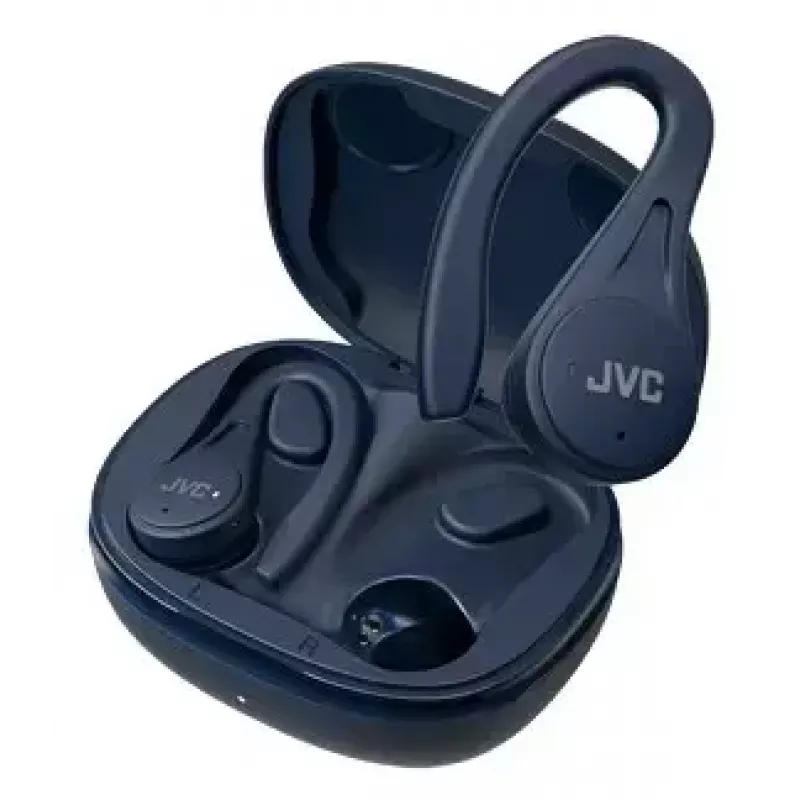 Į ausis įdedamos ausinės JVC HA-EC25TAU — True Wireless, Bluetooth 5.1, IPX5, ausies kabliukas, 6 mm tvarkyklės, 30 val. su dėklu, mėlynos