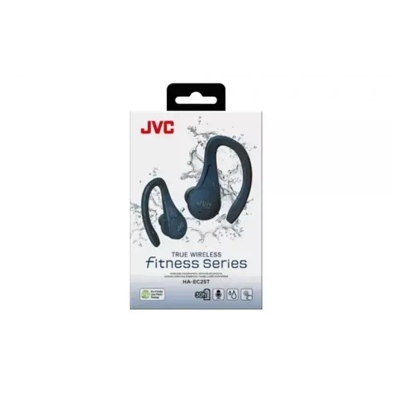 Į ausis įdedamos ausinės JVC HA-EC25TAU — True Wireless, Bluetooth 5.1, IPX5, ausies kabliukas, 6 mm tvarkyklės, 30 val. su dėklu, mėlynos
